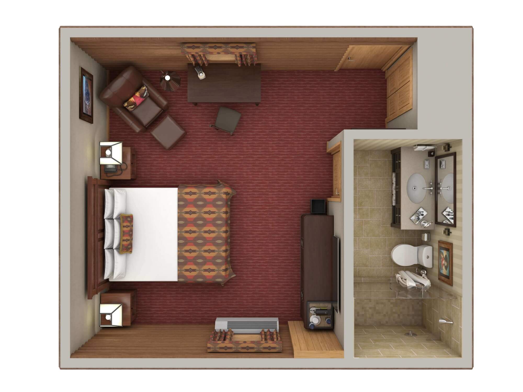 digital image of deluxe hotel room with king bed looking from above