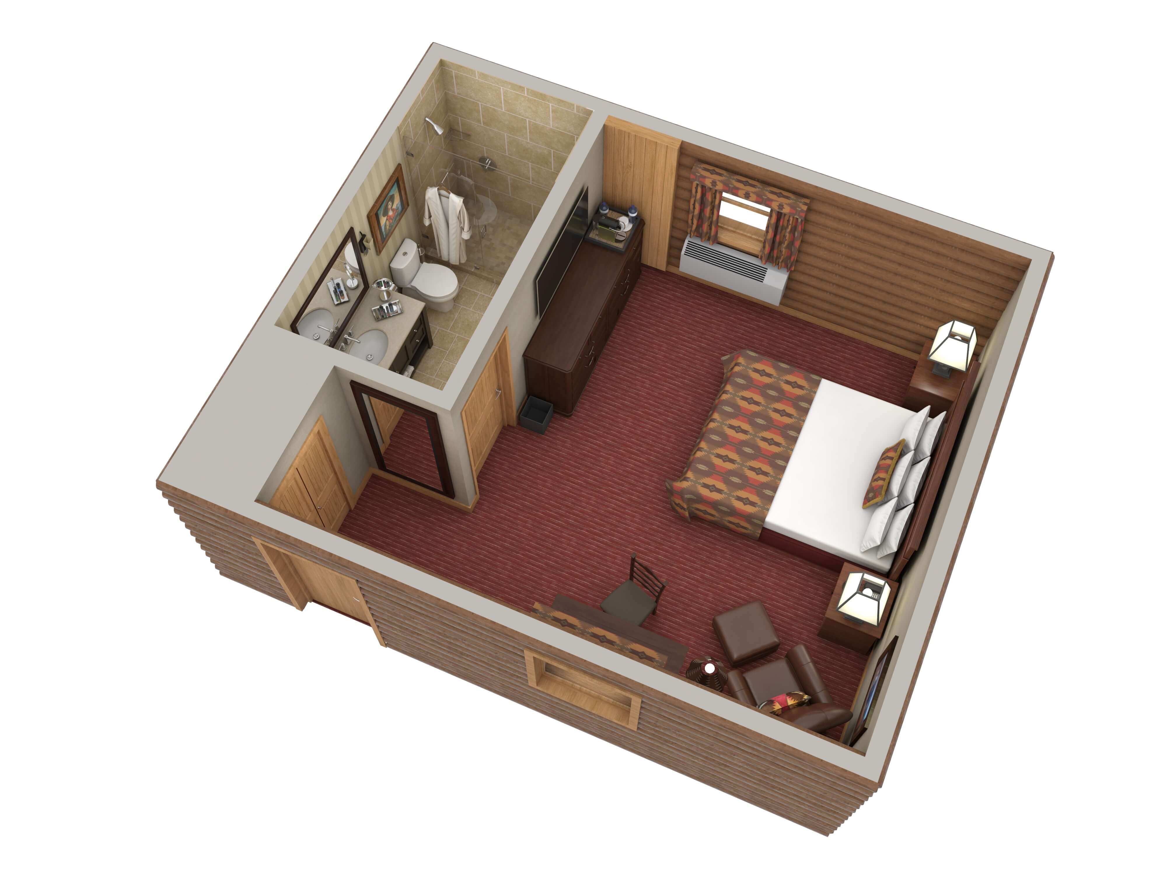 digital image of deluxe hotel room with king bed looking from above