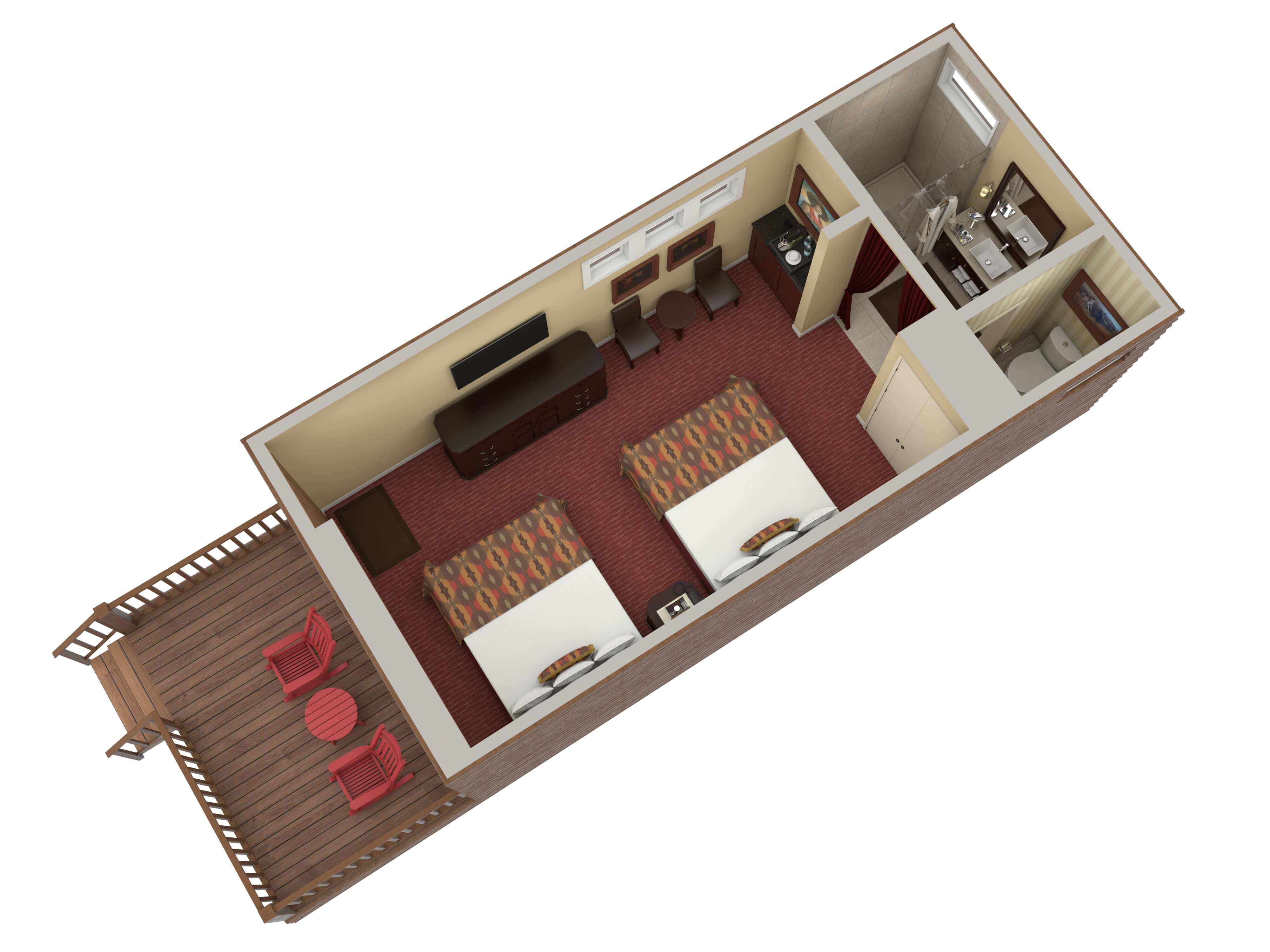 digital image of top down view of luxury cabin with two queen beds