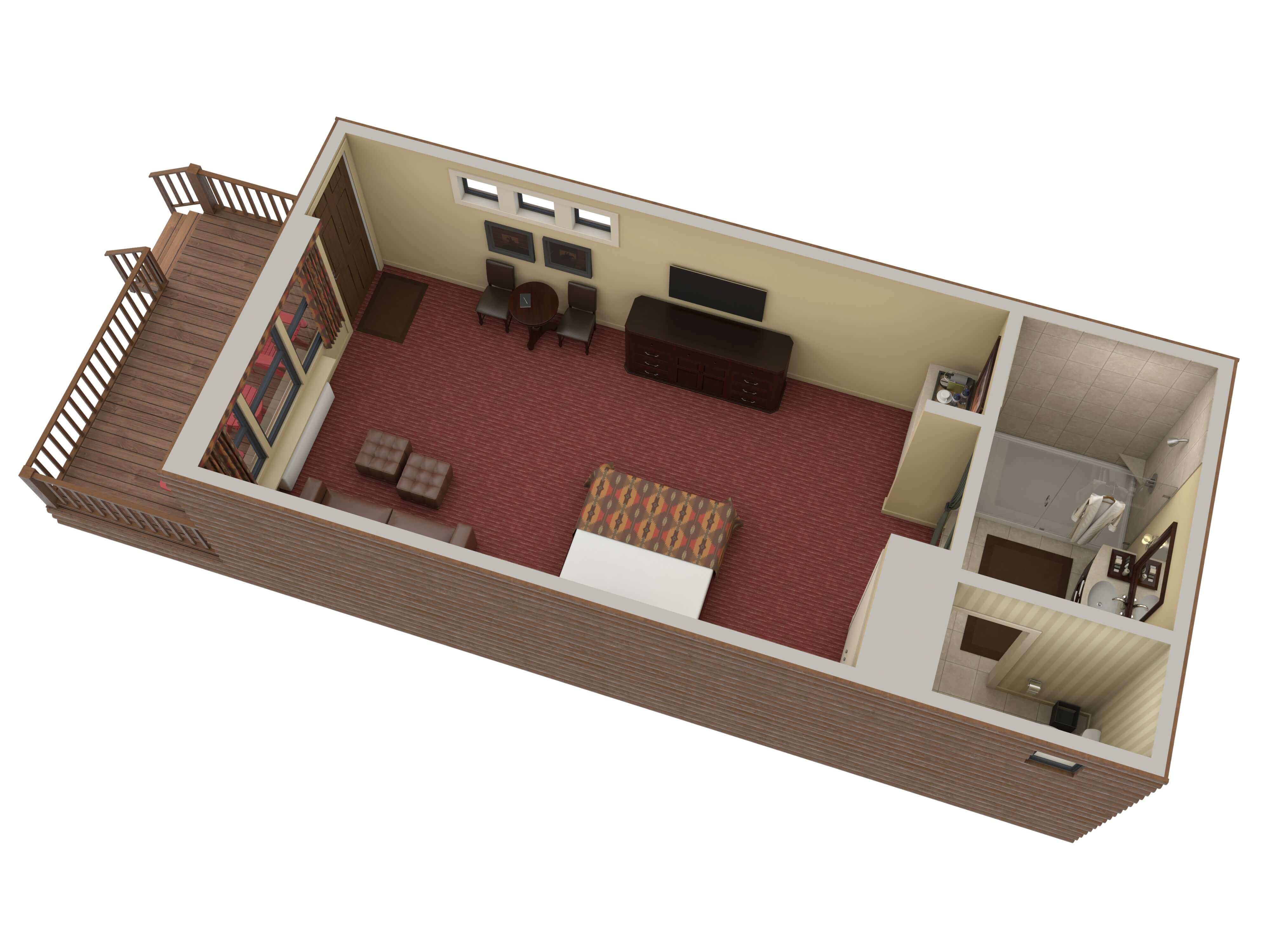digital image of luxury hotel cabin with king bed looking from above