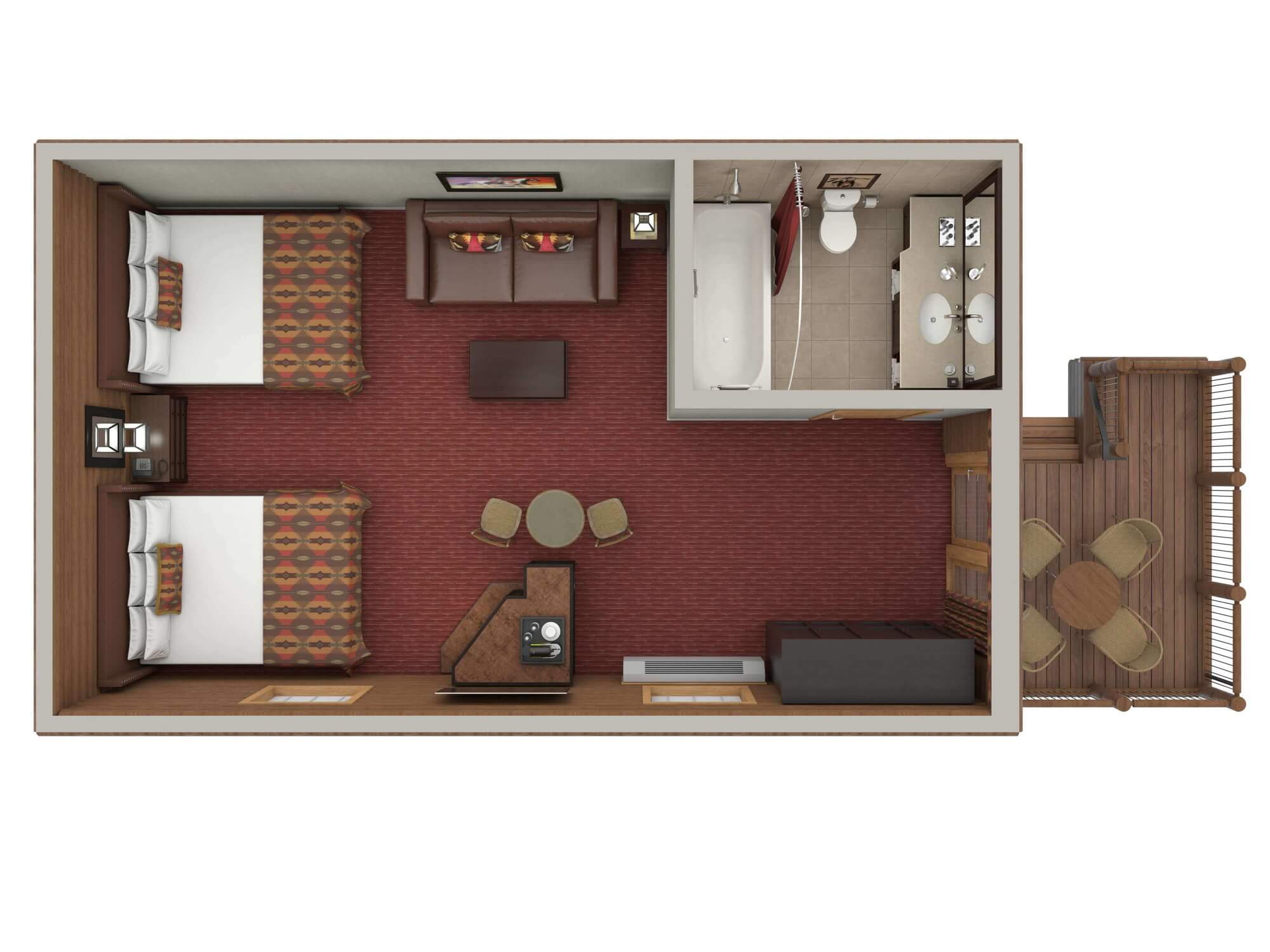 digital image of top down view of luxury cabin with two queen beds and fireplace