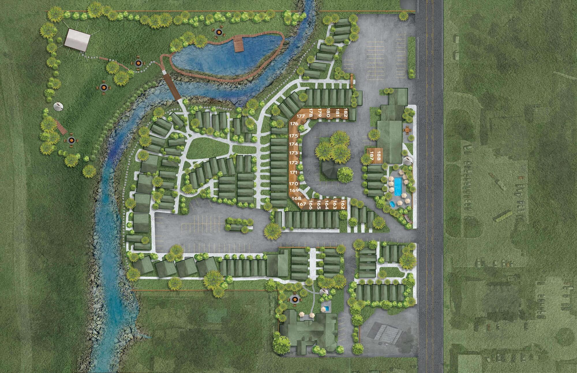 top view digital map of Rustic Inn grounds indicating location of double king rooms
