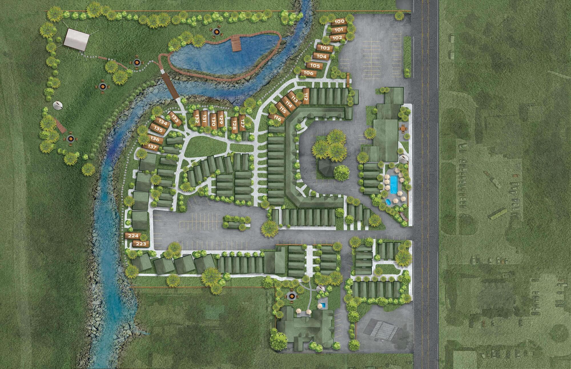 top view digital map of Rustic Inn grounds indicating location of king cabins