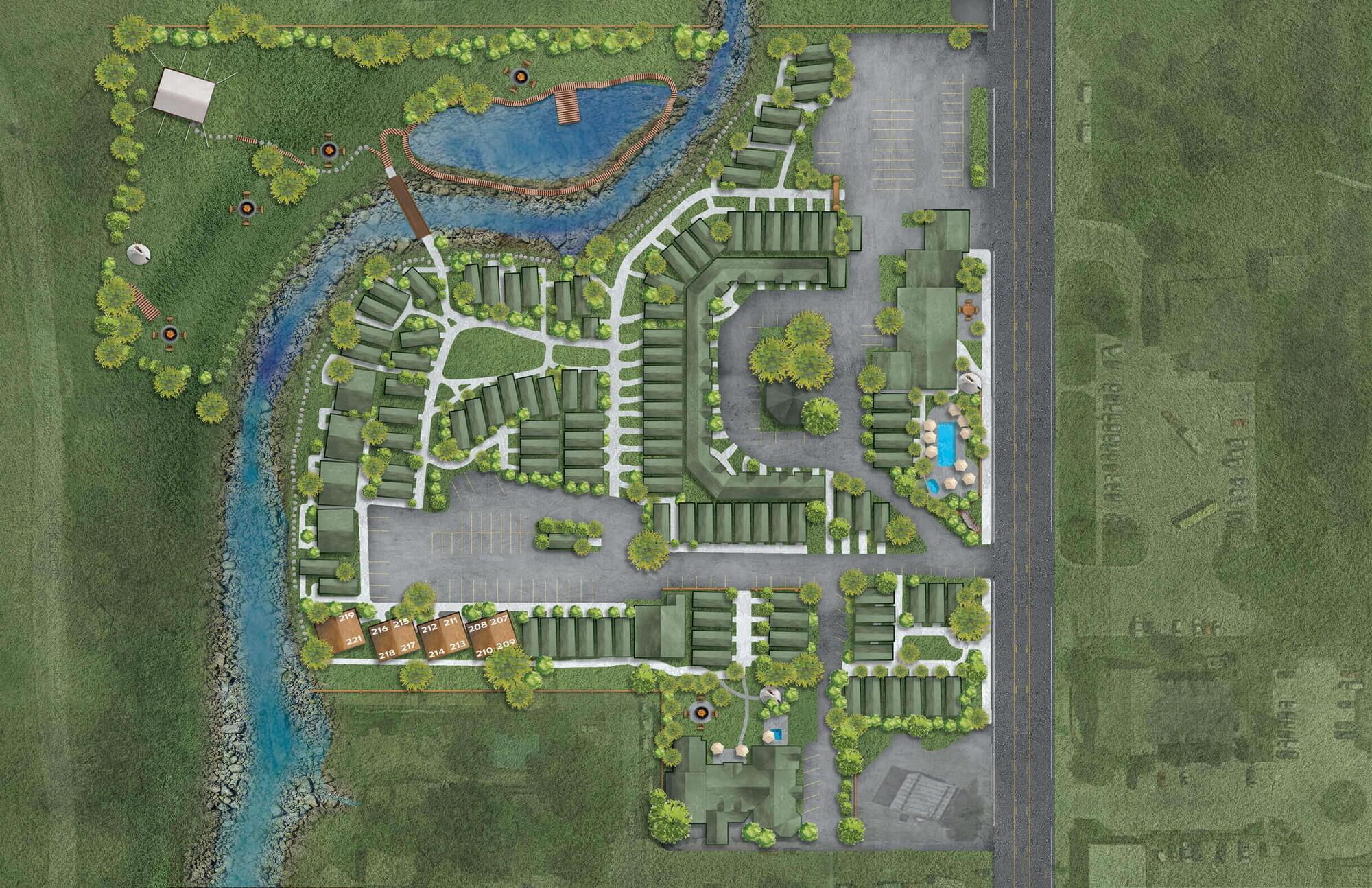 Rustic Inn grounds map with superior double queen guestrooms